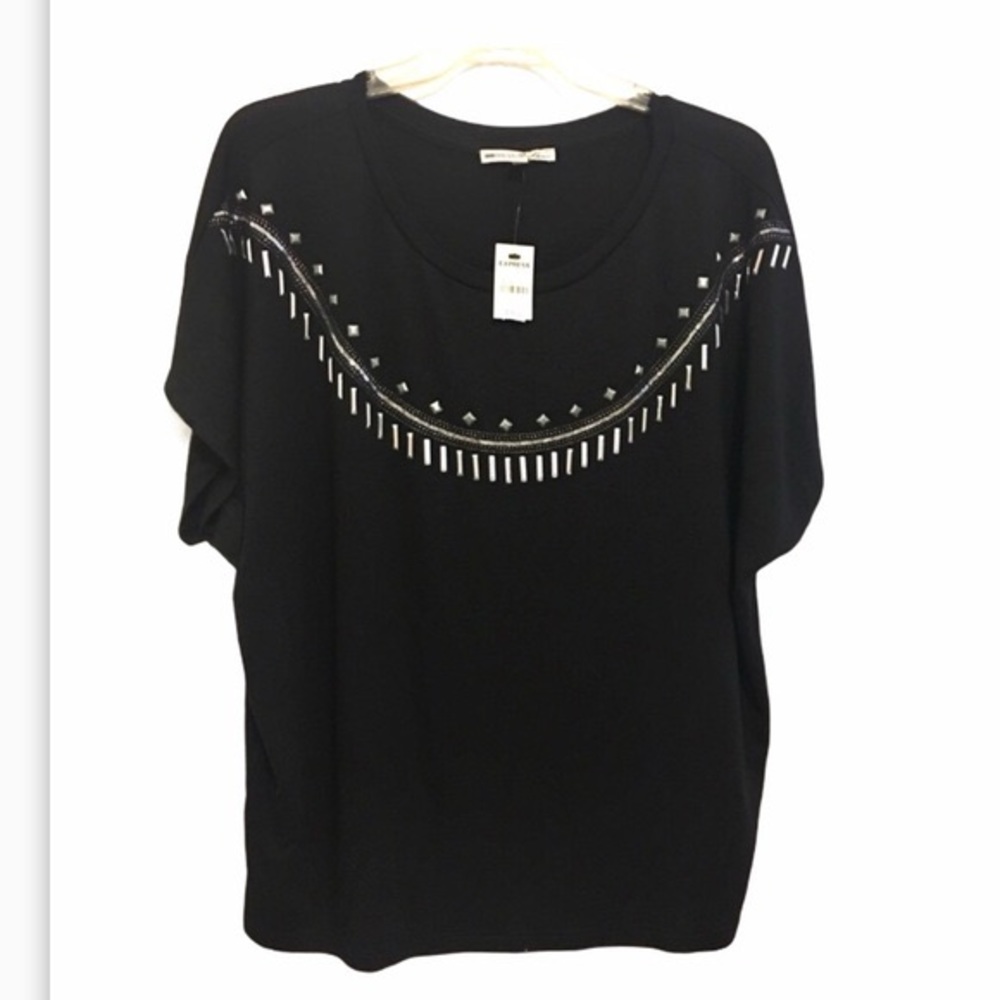 EXPRESS Jewel Rhinestone Shiny Black Short Sleeve Comfortable Blouse - Size M